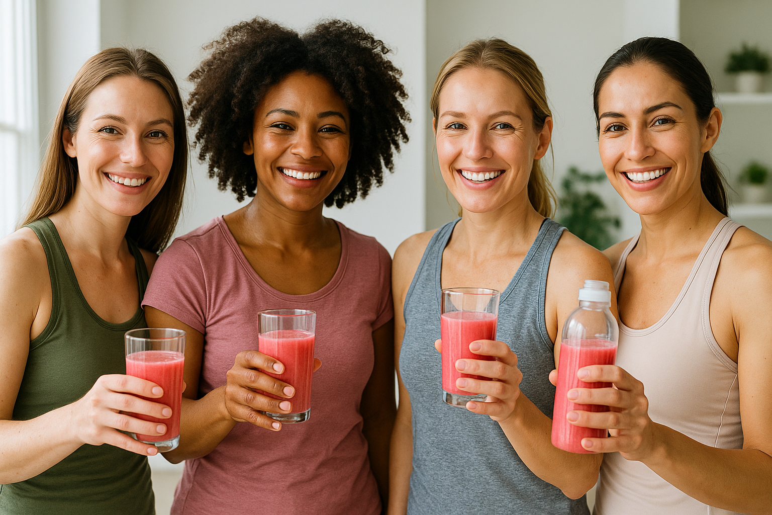 women drinking strawberry suplement drink